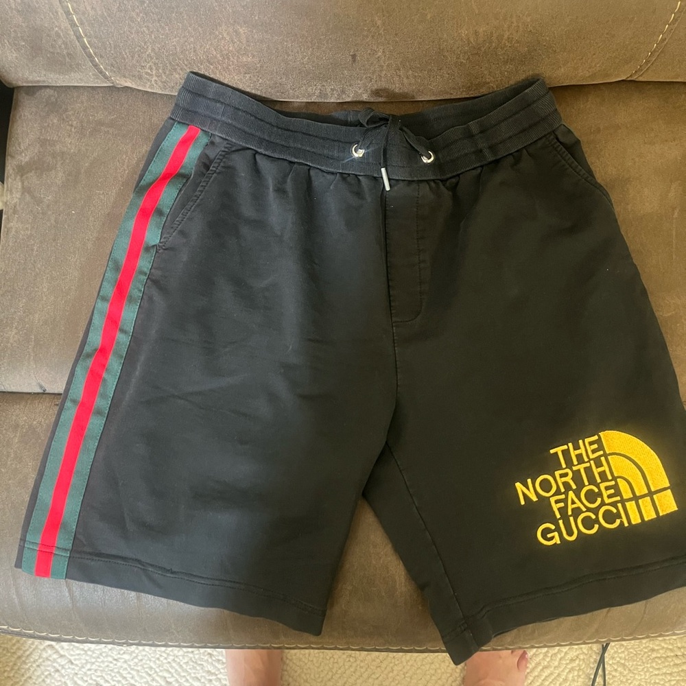 Gucci Black Athletic Shorts with Red & Green Side Stripes and Yellow Logo